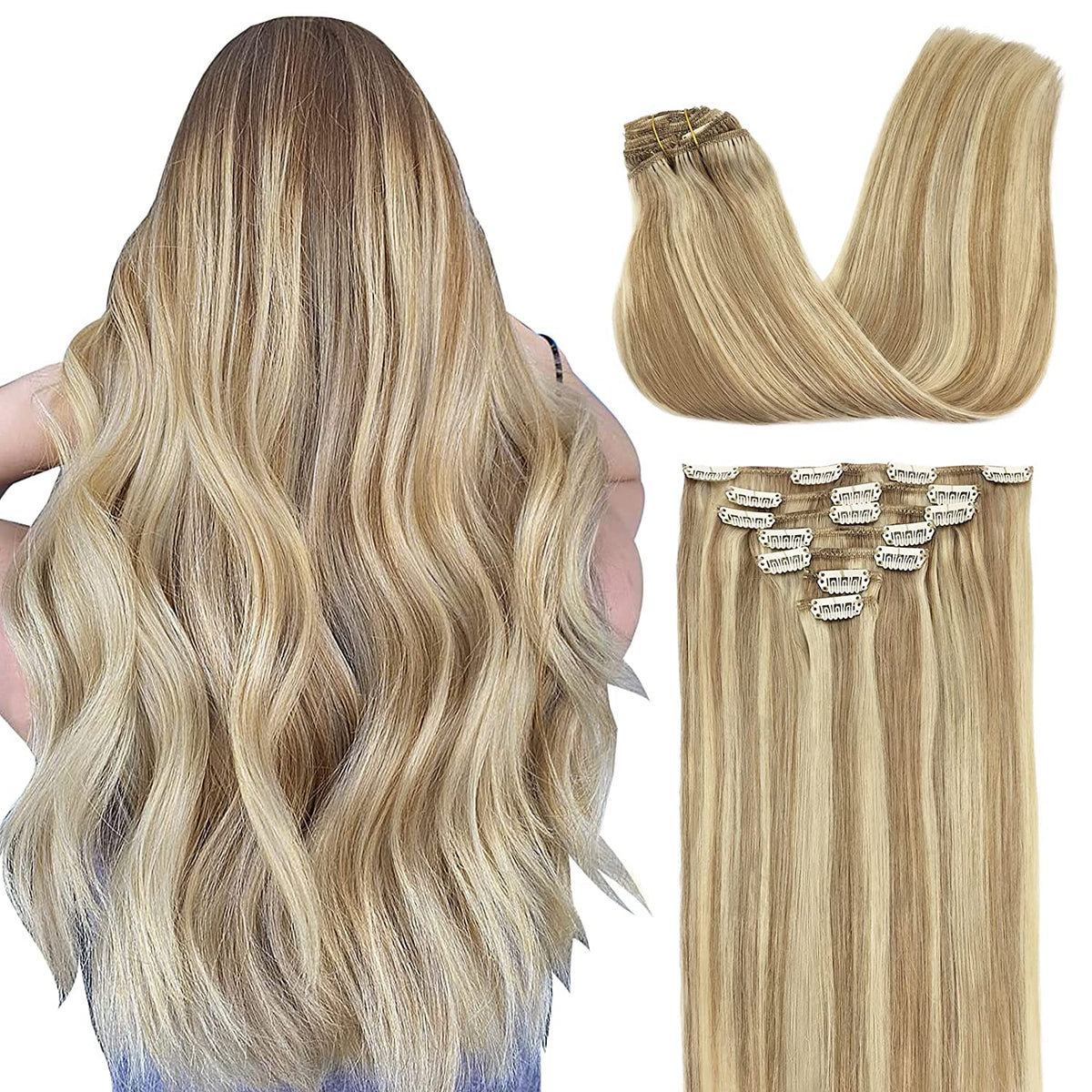 VIP ClipeX Clip-In Hair Extensions 100% Human Hair, Silky Straight 18 Inch (140g) Full Head Set